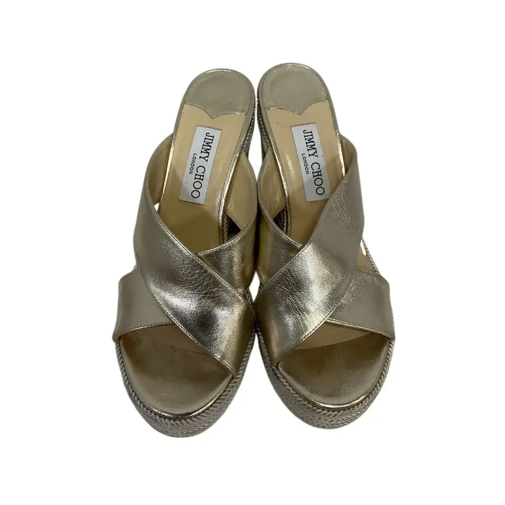 Jimmy Choo Dovina Gold Espadrille Wedge Sandals 37 EU
